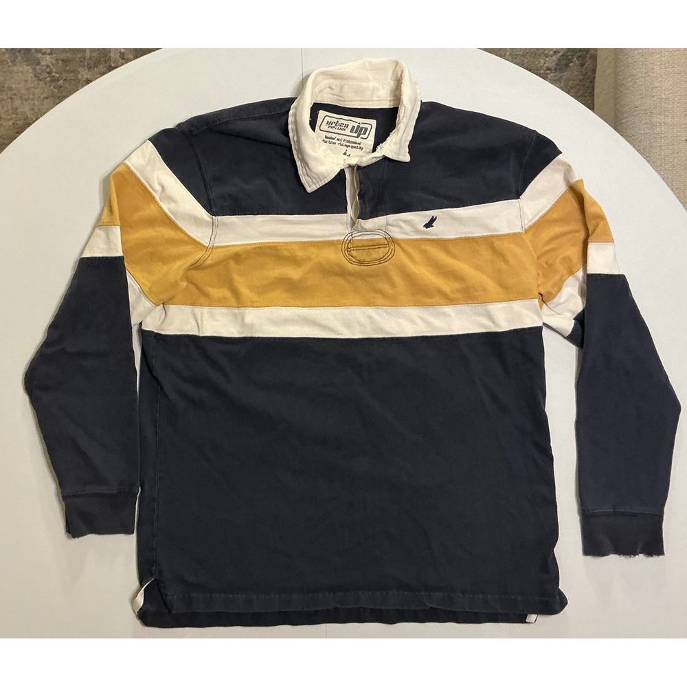 Y2K Color Block Mens Long Sleeve Rugby Shirt Navy Yellow Striped‎ L Distressed